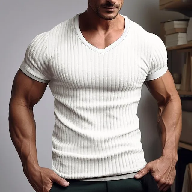 Men's T shirt Tee Ribbed Knit tee Tee Top Plain Pit Strip V Neck Street Vacation Short Sleeves Clothing Apparel Fashion Designer Basic