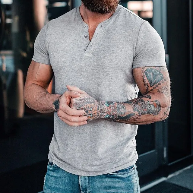 Men's T shirt Tee Henley Shirt Tee Short Sleeve Shirt Tee Top Plain Henley Street Vacation Short Sleeve Button-Down Clothing Apparel Fashion Designer Basic