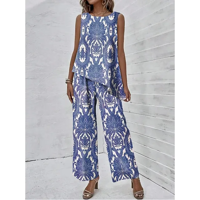 Women's Tank Top Pants Sets Graphic Casual Daily Blue Purple Green Print Sleeveless Fashion Round Neck Regular Fit Summer