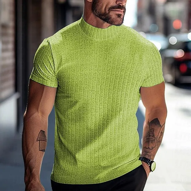 Men's T shirt Tee Turtleneck shirt Ribbed Knit tee Tee Top Plain Pit Strip Turtleneck Street Vacation Short Sleeves Slim Fit Clothing Apparel Fashion Designer Basic