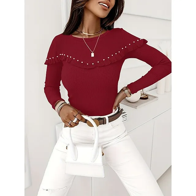 Blouse Women's Black Wine Beaded Casual Holiday Fashion Casual Round Neck Slim S