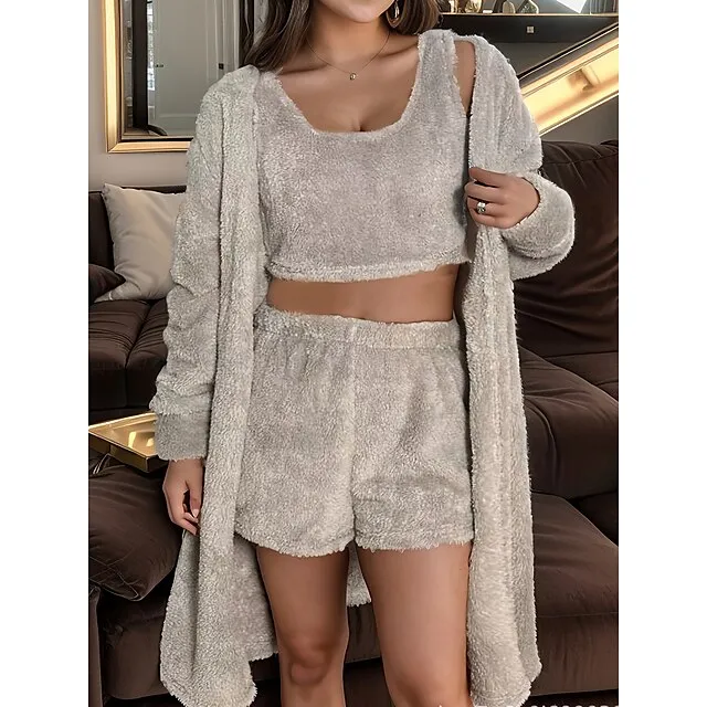 Women's Tank Top Shorts Sets Cape Flannel Solid Color Casual Daily Light Grey Long Sleeve Warm Fashion U Neck Regular Fit Fall & Winter