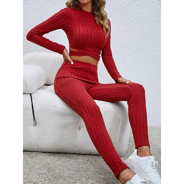 Crop Top Pants Sets Women's Black Red Khaki Solid Color Wrap Outdoor Yoga Active Sports Round Neck Slim S