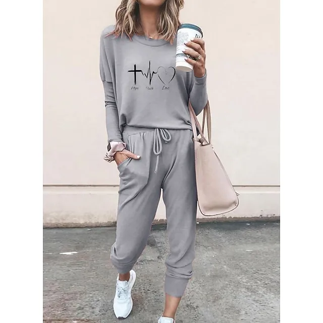 Women T shirt Tee Tracksuit Pants Sets Heart Vacation Casual Daily Black Pink Gray Print Drawstring Short Sleeve Streetwear Basic Crew Neck Regular Fit Fall & Winter