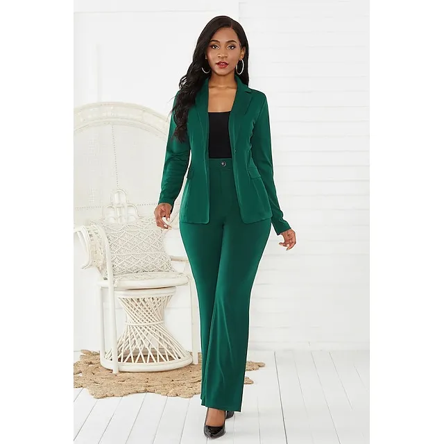 Women's Blazer Office Suit Pants Sets Solid Color Office Wear to work Black Green Long Sleeve Basic Shirt Collar Regular Fit Fall & Winter