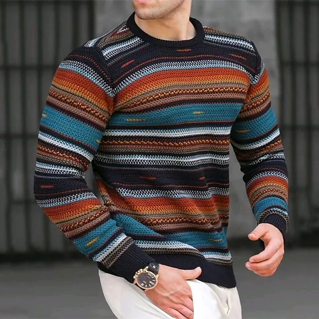 Men's Jumper Knit Cropped Stripe Crew Neck Keep Warm Modern Contemporary Work Daily Wear Clothing Apparel Fall & Winter White Yellow S M L