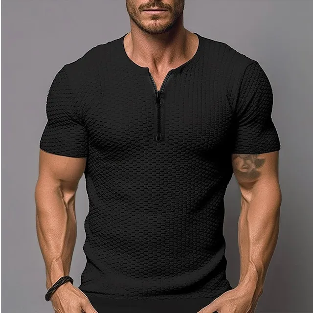 Men's T shirt Tee Solid Quarter Zipper Tee Waffle Knit Tee Plain V Neck Street Vacation Short Sleeves Clothing Apparel Fashion Designer Basic