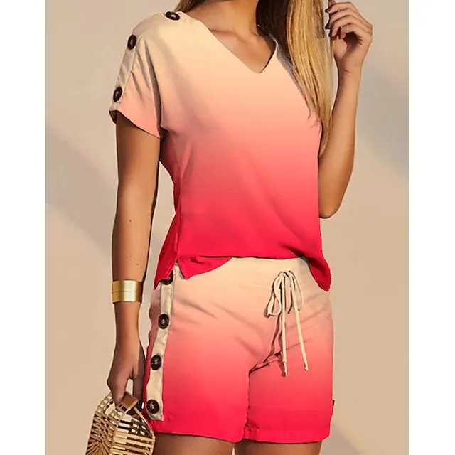 Women's T shirt Tee Shorts Sets Floral Graphic Casual Daily Black White Red Print Drawstring Short Sleeve Streetwear Daily Neon & Bright V Neck Regular Fit Fall & Winter