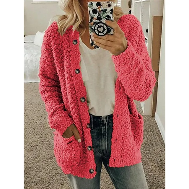 Women's Cardigan Sweater Cowl Ribbed Knit Polyester Pocket Fall Winter Home Daily Holiday Stylish Casual Soft Long Sleeve Solid Color Maillard Black White Pink S M L