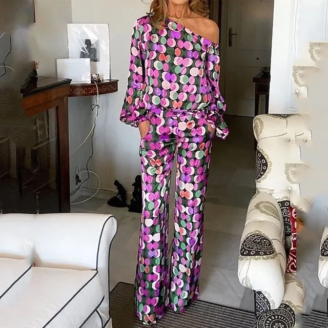 Women's Shirt Pants Sets Polka Dot Casual Daily Yellow Red Purple Print Long Sleeve Streetwear Daily One Shoulder Regular Fit Fall & Winter