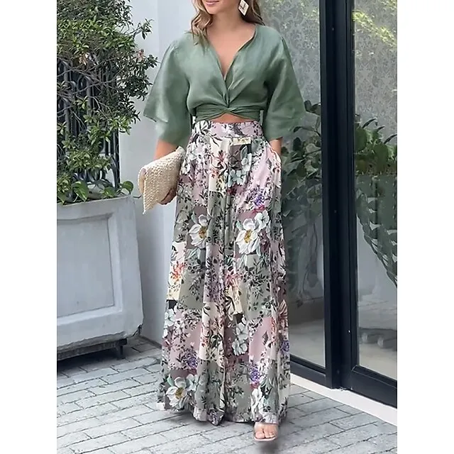 Women's Blouse Pants Sets Floral Outdoor Date Going out Green Print Pocket Knot Front 3/4 Length Sleeve Fashion Streetwear Modern Shirt Collar Regular Fit Fall