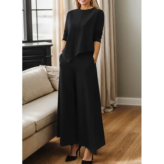 Women's Shirt Pants Sets Solid Color Work Daily Black Brown Gray Long Sleeve Fashion Business Round Neck Regular Fit Spring & Fall