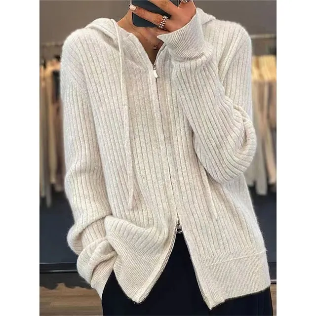 Women's Cardigan Sweater Hooded Ribbed Knit Knit Zipper Fall Winter Regular Outdoor Daily Going out Stylish Casual Soft Long Sleeve Solid Color Black Camel Beige One-Size