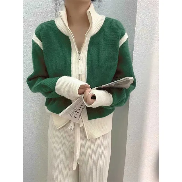 Women's Cardigan Sweater Stand Collar Ribbed Knit Knit Patchwork Zipper Fall Winter Regular Outdoor Daily Going out Stylish Casual Soft Long Sleeve Color Block Black White Green S M L