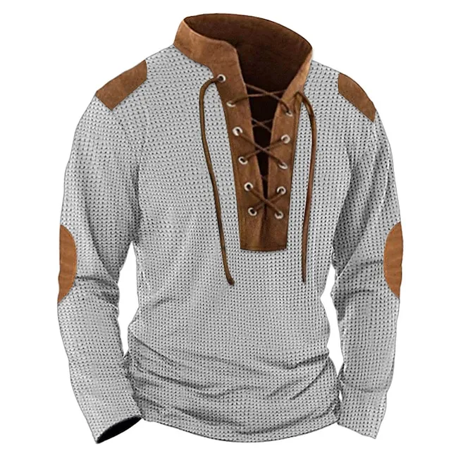 Men's T shirt Tee Waffle Shirt Tee Top Long Sleeve Shirt Color Block Collar Street Vacation Long Sleeve Lace up Patchwork Clothing Apparel Vintage Designer Basic