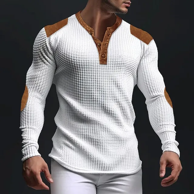 Men's T shirt Tee Waffle Henley Shirt Henley Shirt Tee Top Long Sleeve Shirt Color Block Henley Street Vacation Long Sleeve Patchwork Clothing Apparel Fashion Designer Basic