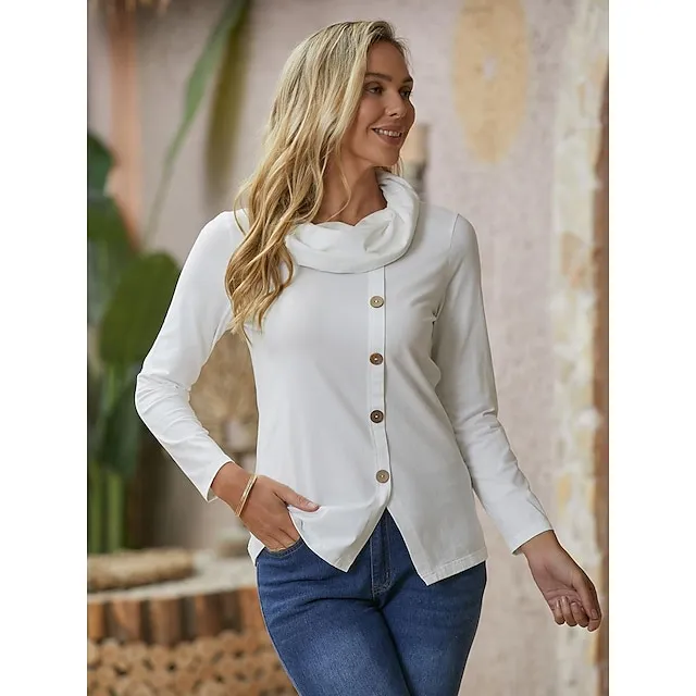Women's Blouse Plain Casual Black White Green Button Long Sleeve Fashion Round Neck Regular Fit Spring & Fall