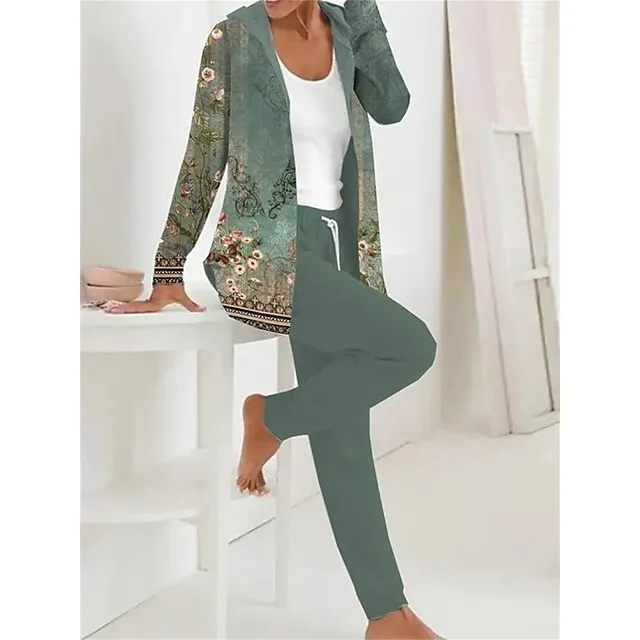 Women's Hoodie Tracksuit Pants Sets Floral Outdoor Casual White Pink Dark Navy Print Drawstring Long Sleeve Active Daily Hooded Regular Fit Fall & Winter