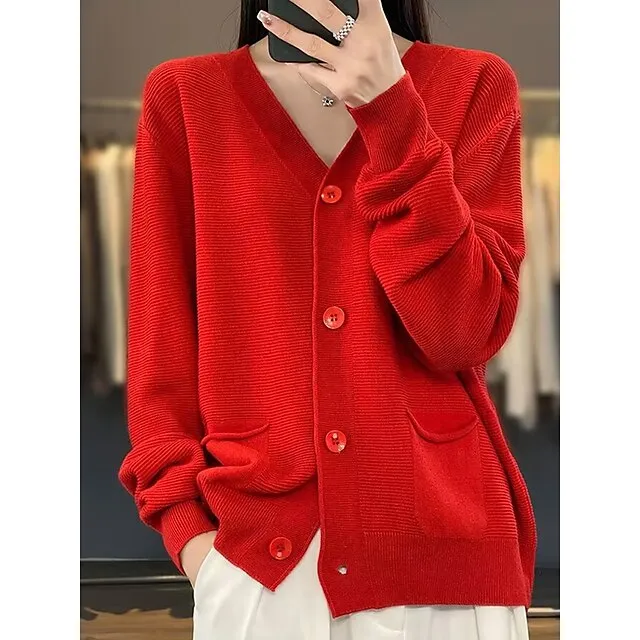 Women's Cardigan Sweater Jacket V Neck Ribbed Knit Acrylic Button Knitted Fall Winter Regular Outdoor Valentine's Day Daily Fashion Streetwear Casual Long Sleeve Solid Color Black Pink Red S M L