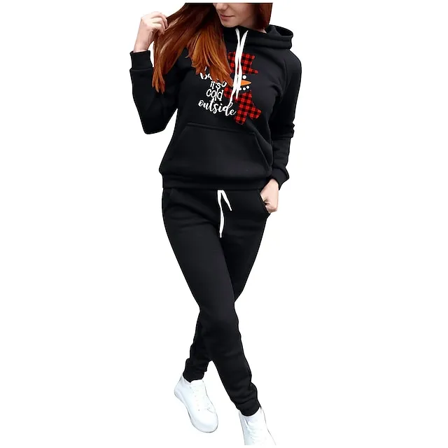Women's Hoodie Tracksuit Pants Sets Graphic Letter Casual Festival Black Pink Red Print Drawstring Long Sleeve Warm Christmas Hooded Regular Fit Fall & Winter